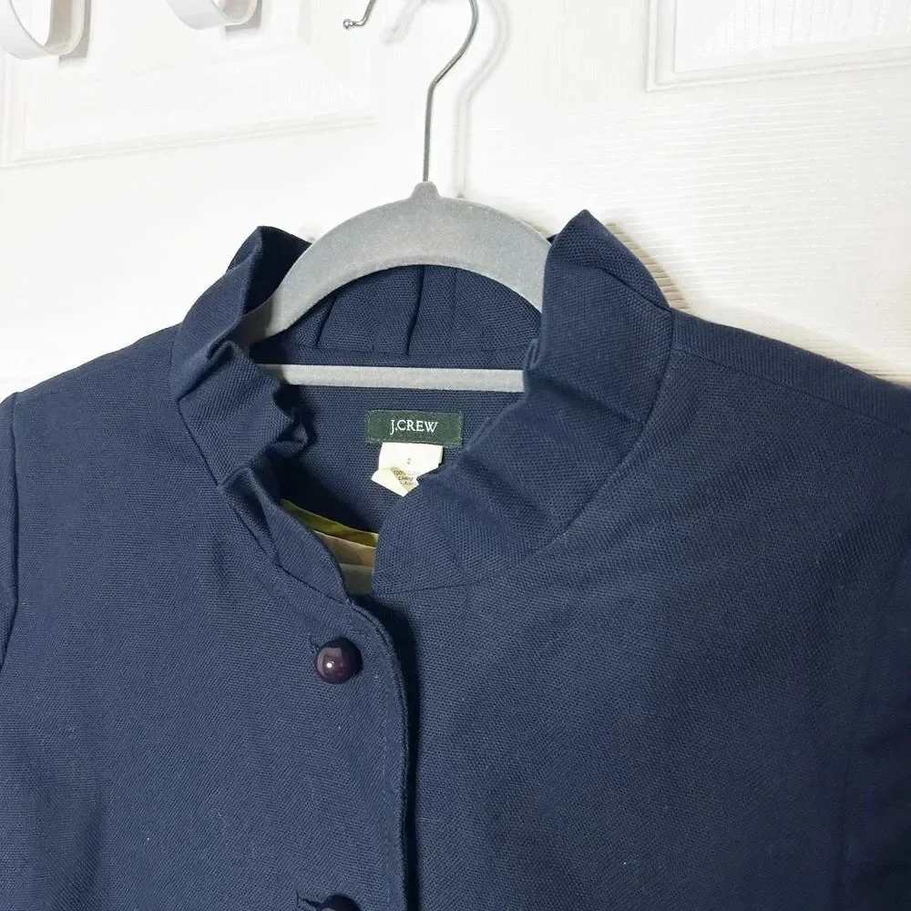 J. CREW Size 2 Atelier Canvas Ruffle Neck 3/4 Sleeve Jacket Navy Blue - Picture 2 of 7
